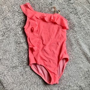GUC Coral Neon Asymmetrical Ruffle Swimsuit